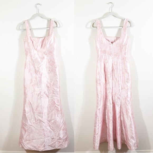 Alfred Sung Pink Satin Floral Formal Bridesmaid Dress Fit and Flare Maxi - Picture 3 of 5